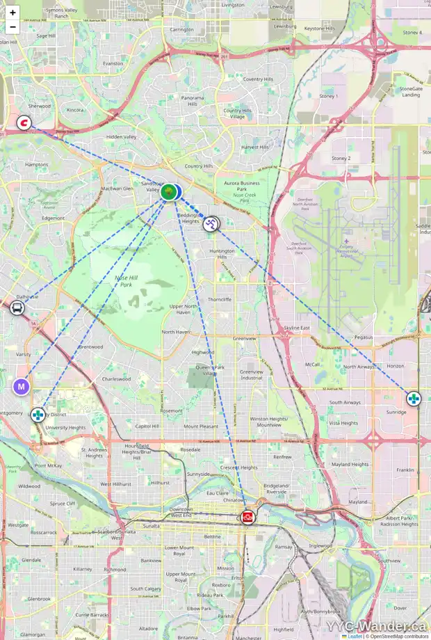 Daily accessibility map for 104 SANDSTONE DR NW, Calgary showing nearby schools, grocery stores, parks, LRT stations and nearby amenities