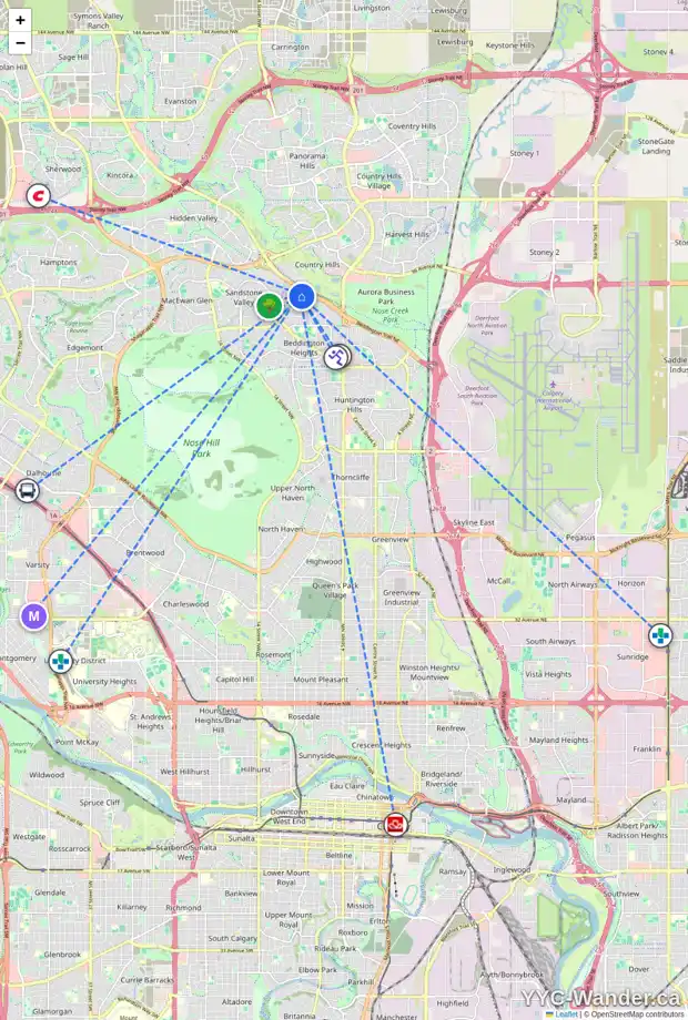 Daily accessibility map for 317 SANTANA BA NW, Calgary showing nearby schools, grocery stores, parks, LRT stations and nearby amenities