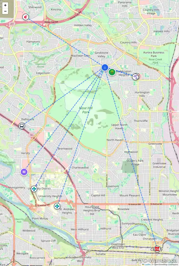 Daily accessibility map for 59 BEARBERRY BA NW, Calgary showing nearby schools, grocery stores, parks, LRT stations and nearby amenities