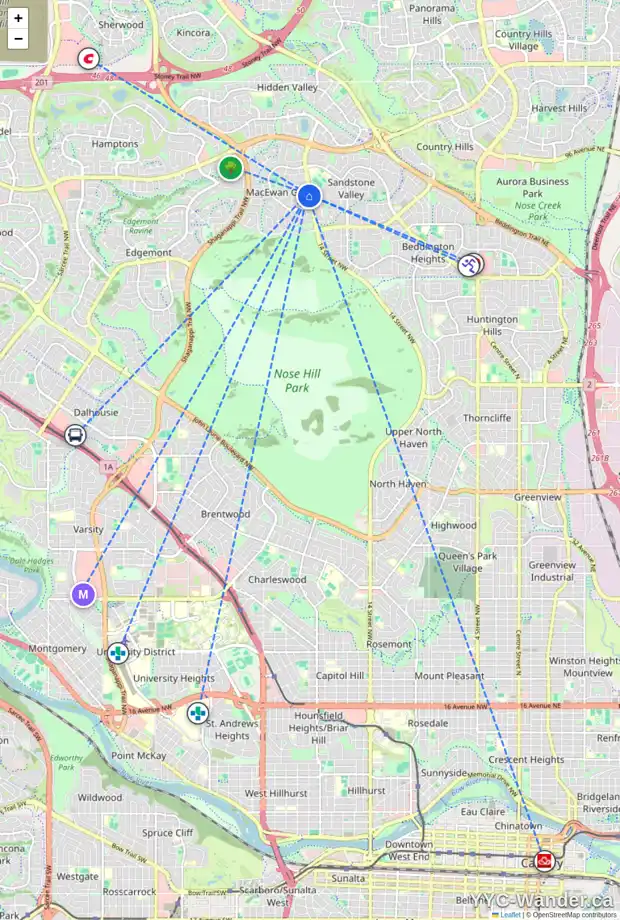 Daily accessibility map for 80 MACEWAN PARK LI NW, Calgary showing nearby schools, grocery stores, parks, LRT stations and nearby amenities