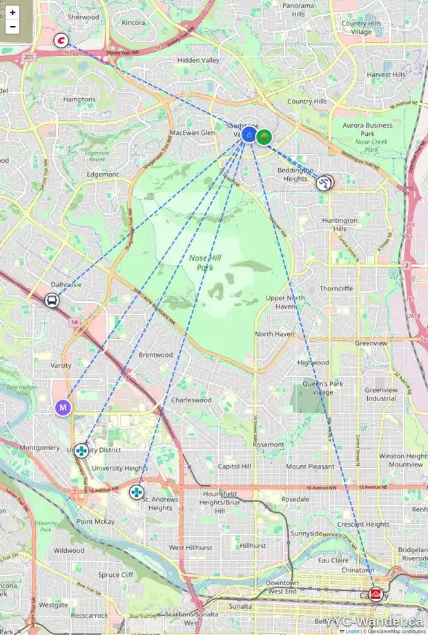 Daily accessibility map for 235 SANDPIPER PL NW, Calgary showing nearby schools, grocery stores, parks, LRT stations and nearby amenities