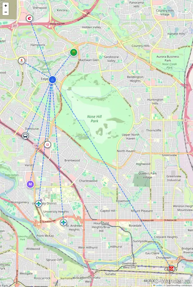 Daily accessibility map for 160 EDGEBANK PL NW, Calgary showing nearby schools, grocery stores, parks, LRT stations and nearby amenities