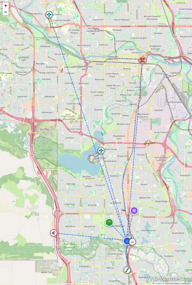 Daily accessibility map for 352 CANTRELL DR SW, Calgary showing nearby schools, grocery stores, parks, LRT stations and nearby amenities