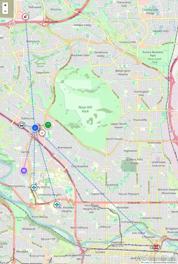 Daily accessibility map for 22 5601 DALTON DR NW, Calgary showing nearby schools, grocery stores, parks, LRT stations and nearby amenities