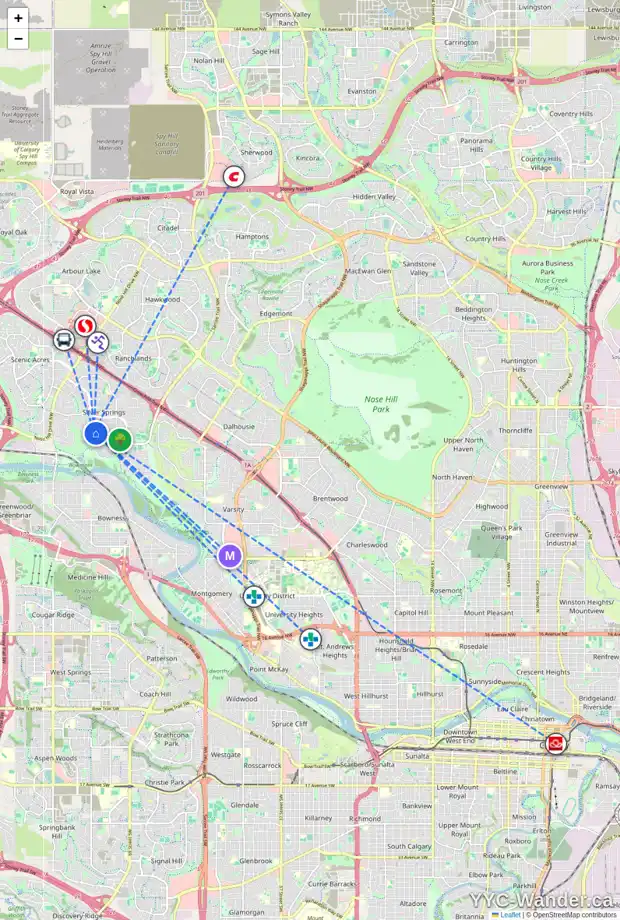 Daily accessibility map for 6028 SILVER RIDGE DR NW, Calgary showing nearby schools, grocery stores, parks, LRT stations and nearby amenities