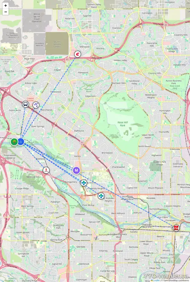 Daily accessibility map for 8659 SCENIC BOW RD NW, Calgary showing nearby schools, grocery stores, parks, LRT stations and nearby amenities