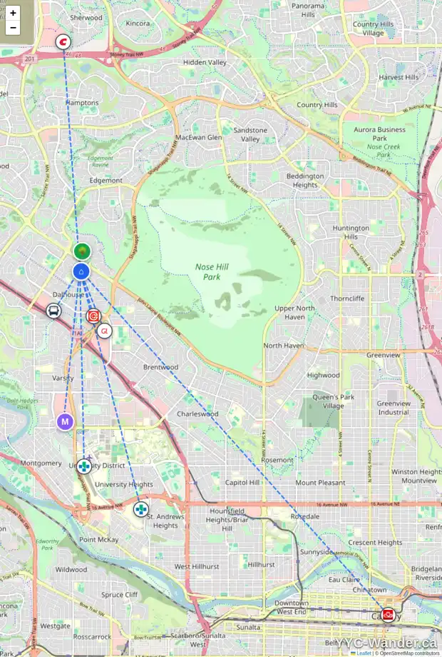 Daily accessibility map for 210 DALHURST WY NW, Calgary showing nearby schools, grocery stores, parks, LRT stations and nearby amenities