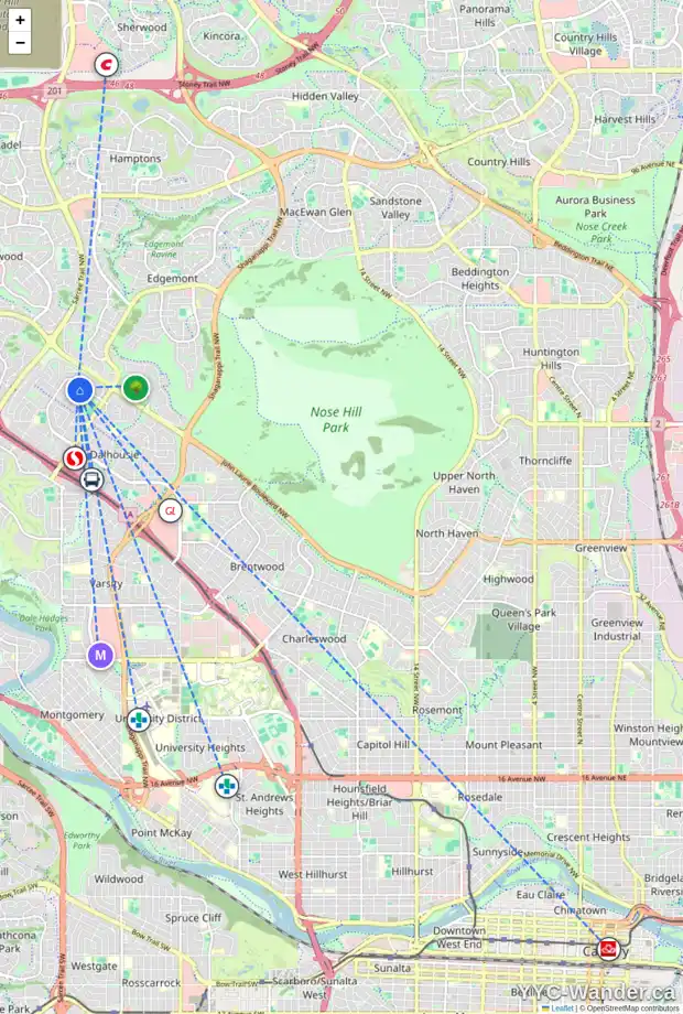 Daily accessibility map for 5520 DALHART HL NW, Calgary showing nearby schools, grocery stores, parks, LRT stations and nearby amenities