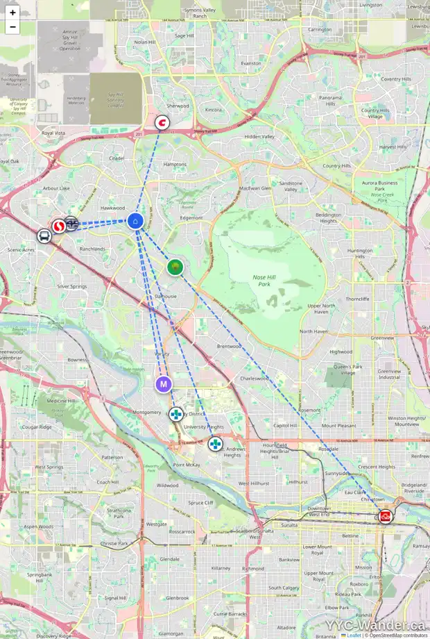 Daily accessibility map for 219 HAWKWOOD BV NW, Calgary showing nearby schools, grocery stores, parks, LRT stations and nearby amenities