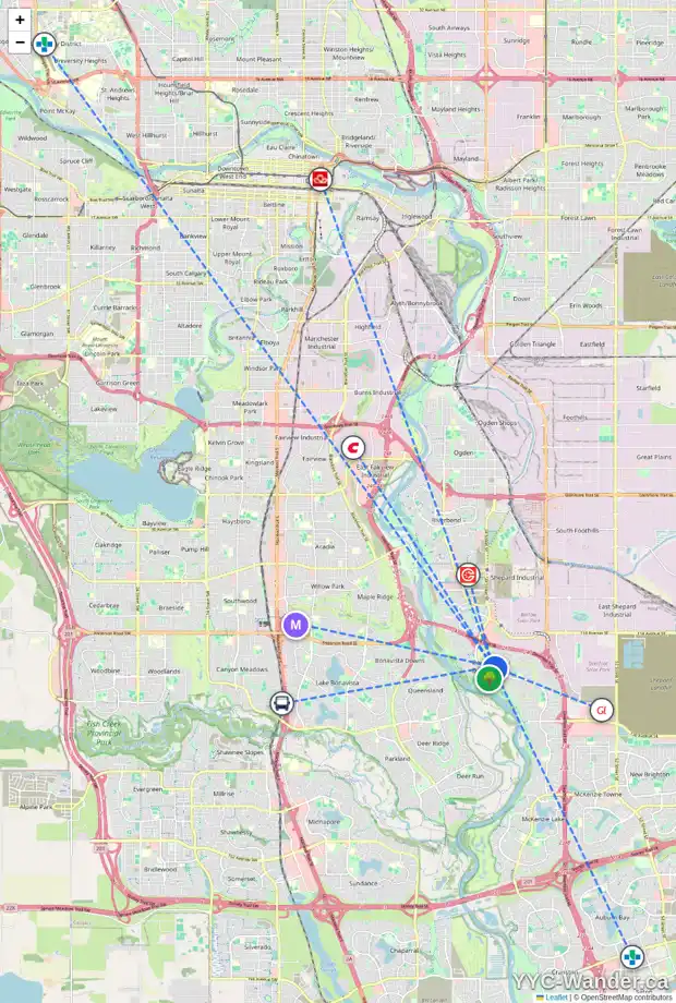 Daily accessibility map for 63 DOUGLAS WOODS WY SE, Calgary showing nearby schools, grocery stores, parks, LRT stations and nearby amenities