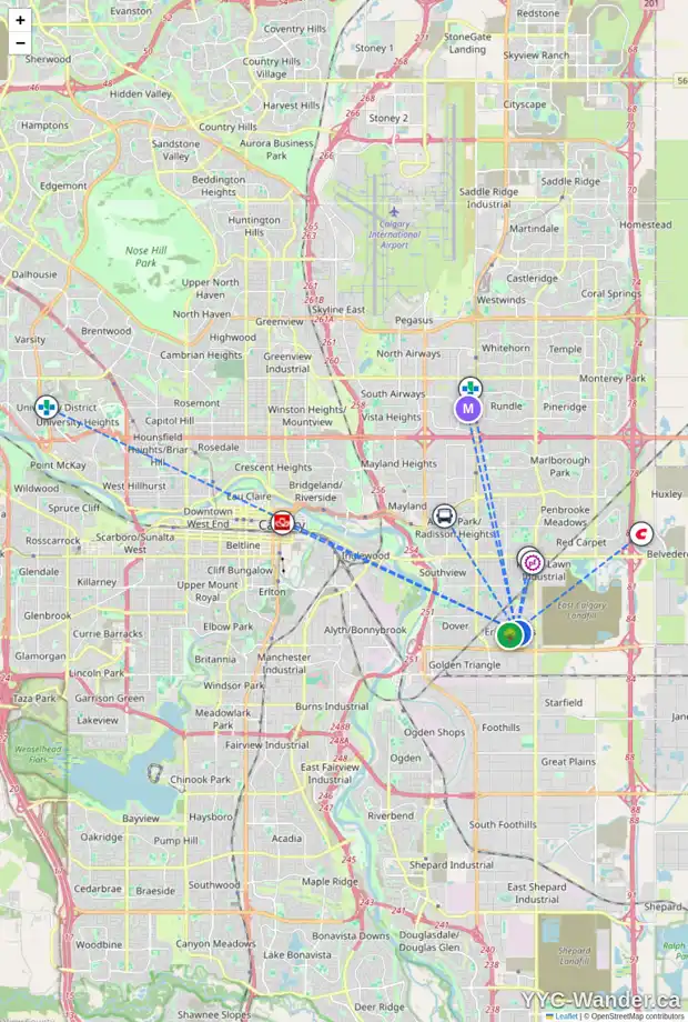 Daily accessibility map for 34 ERIN MEADOW CL SE, Calgary showing nearby schools, grocery stores, parks, LRT stations and nearby amenities