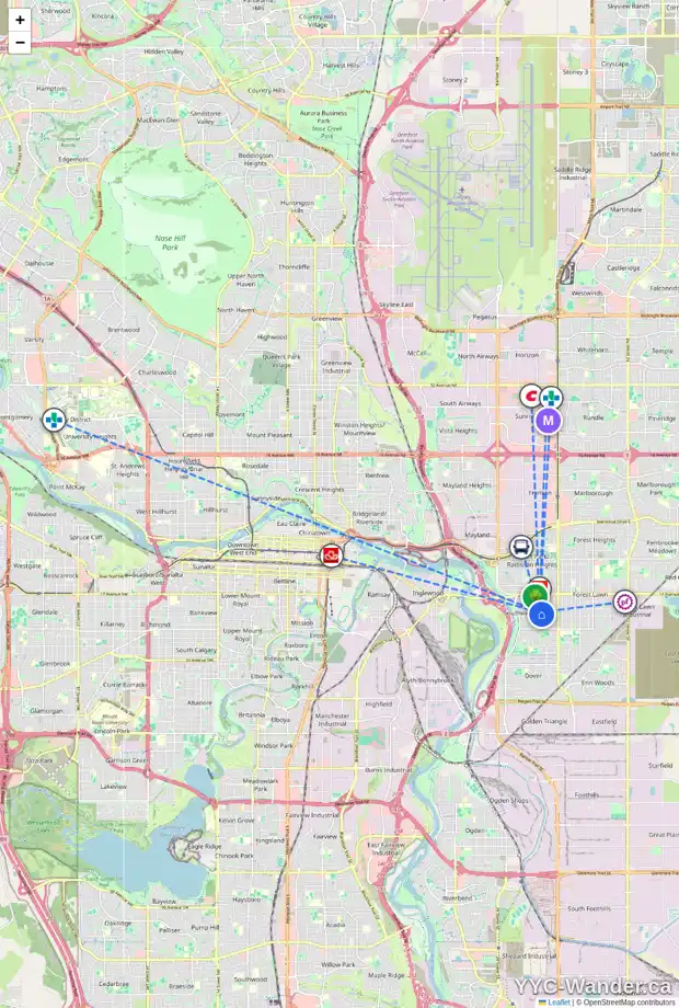 Daily accessibility map for 2015 33 ST SE, Calgary showing nearby schools, grocery stores, parks, LRT stations and nearby amenities
