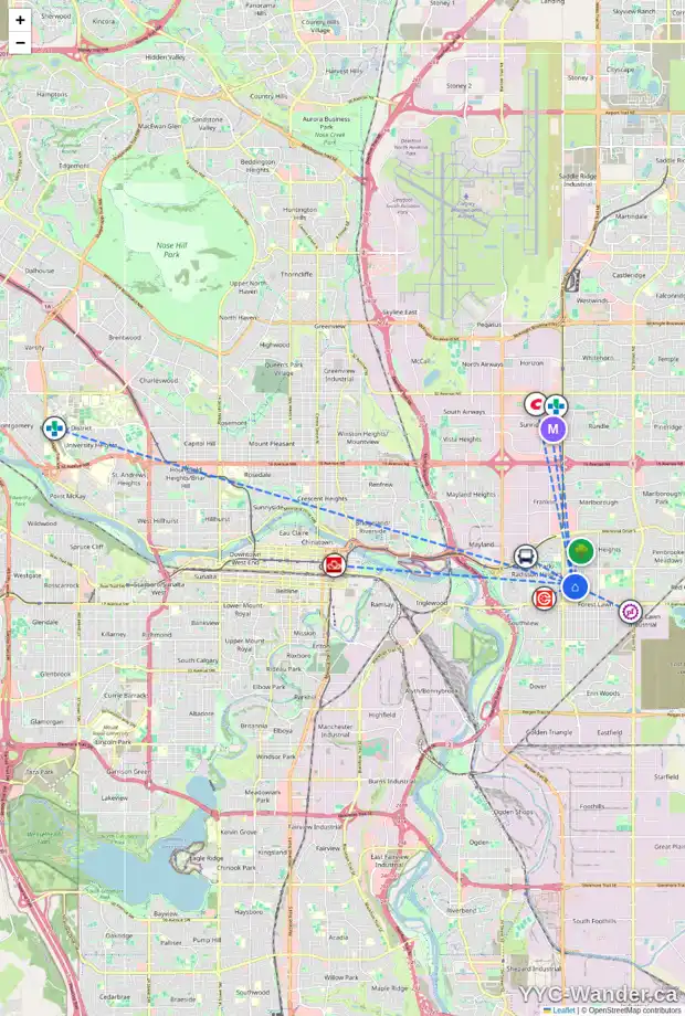 Daily accessibility map for 1320 38 ST SE, Calgary showing nearby schools, grocery stores, parks, LRT stations and nearby amenities