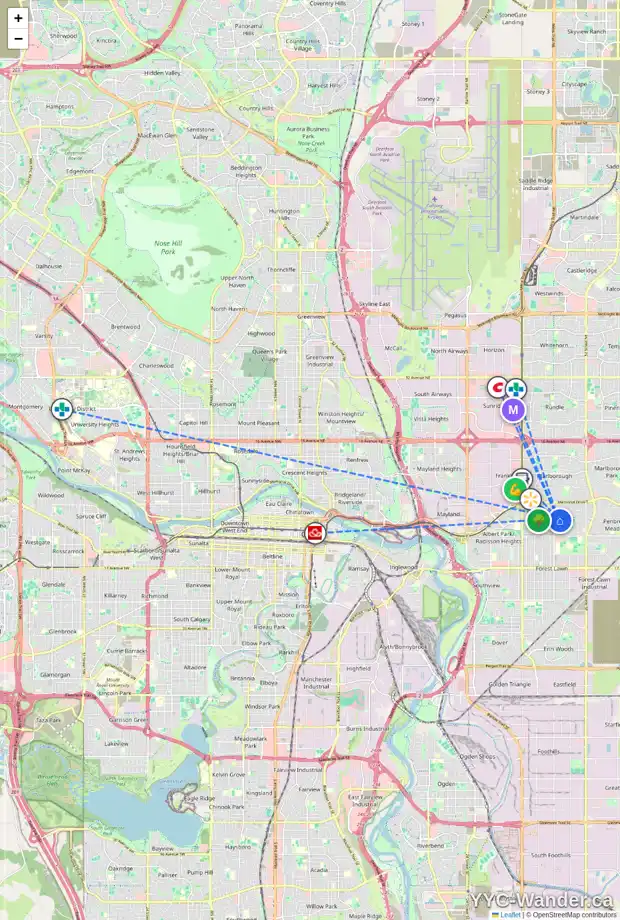 Daily accessibility map for 4505 4 AV SE, Calgary showing nearby schools, grocery stores, parks, LRT stations and nearby amenities