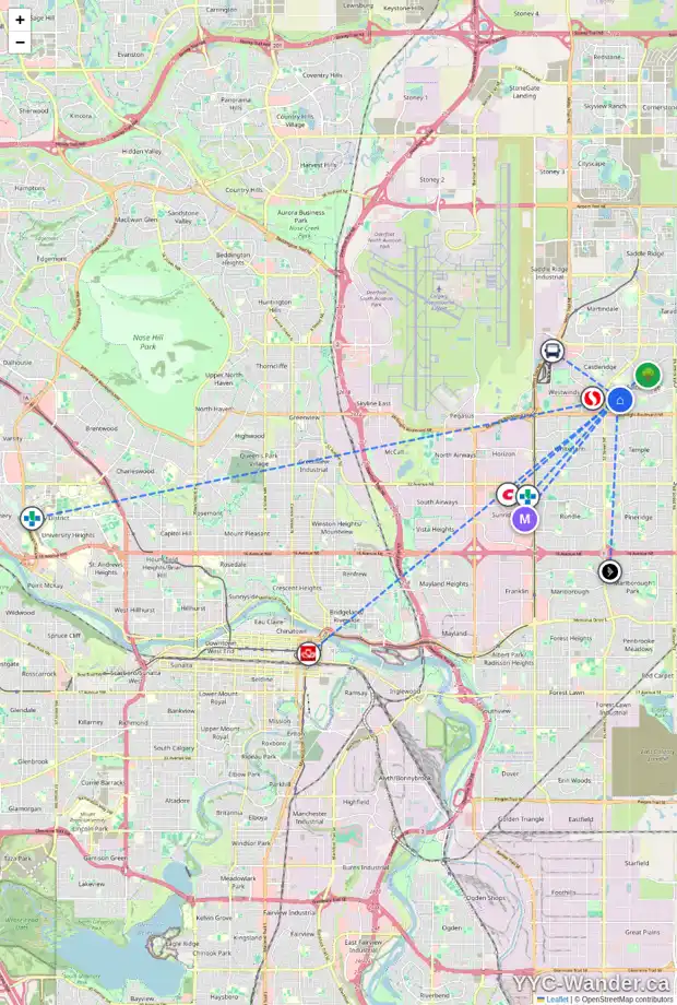Daily accessibility map for 145 FALSBY RD NE, Calgary showing nearby schools, grocery stores, parks, LRT stations and nearby amenities