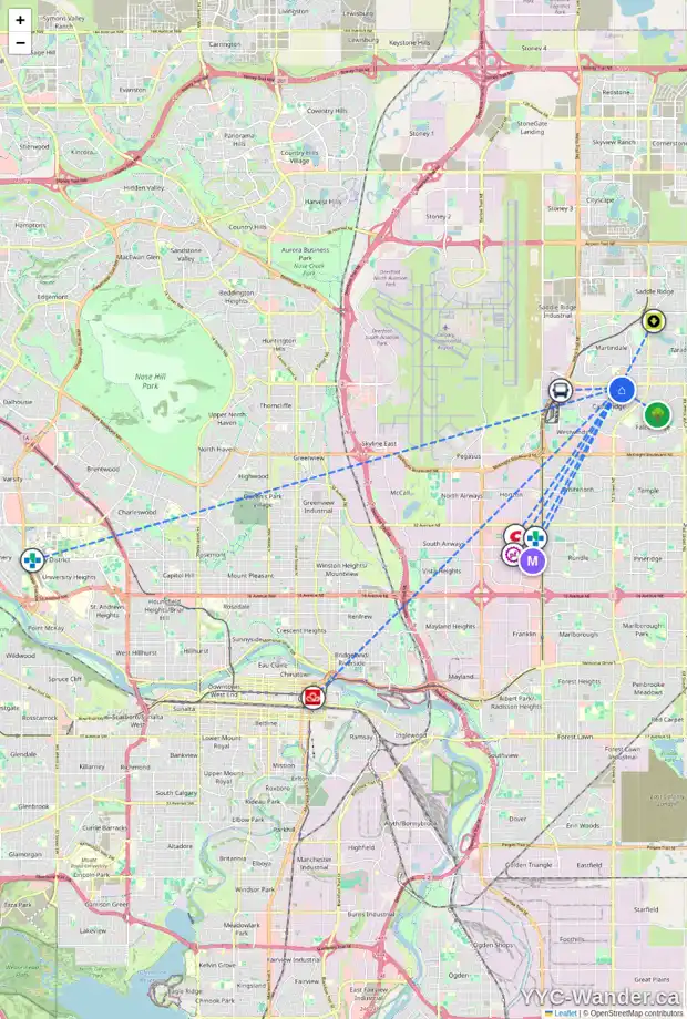 Daily accessibility map for 6471 54 ST NE, Calgary showing nearby schools, grocery stores, parks, LRT stations and nearby amenities
