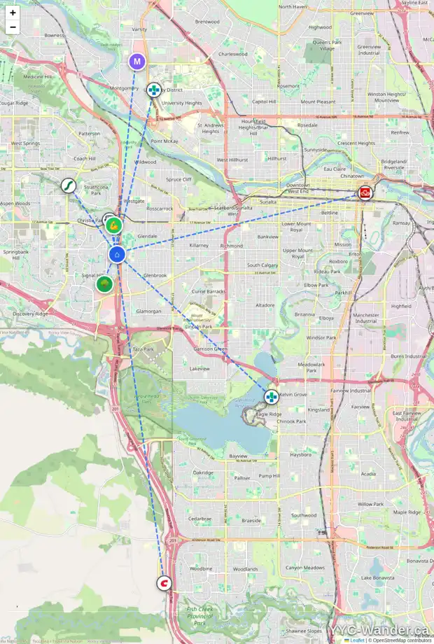 Daily accessibility map for 244 SIGNAL HILL CI SW, Calgary showing nearby schools, grocery stores, parks, LRT stations and nearby amenities