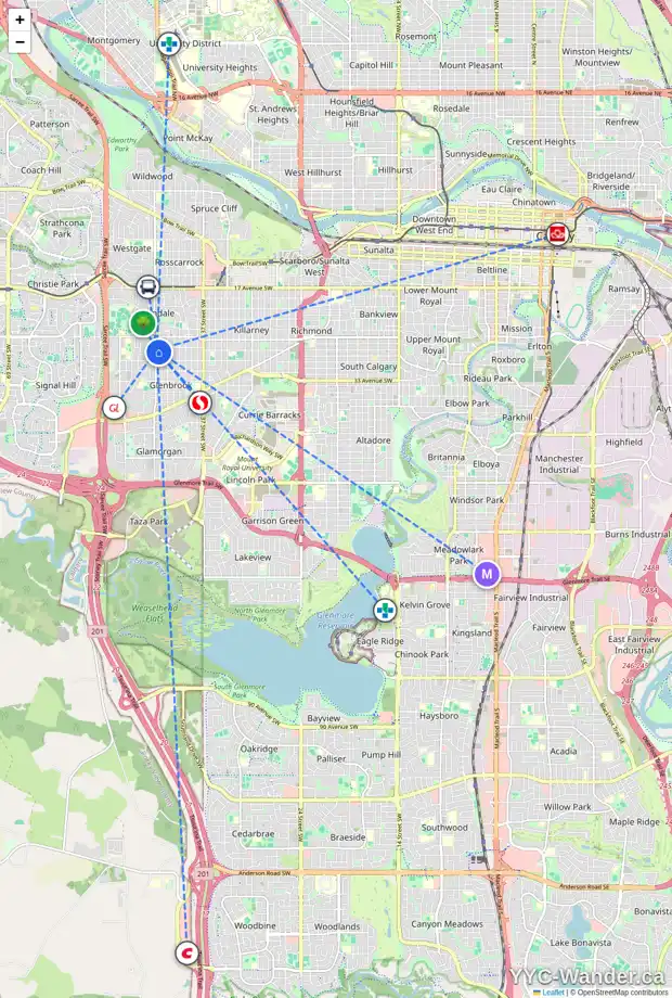 Daily accessibility map for 2808 45 ST SW, Calgary showing nearby schools, grocery stores, parks, LRT stations and nearby amenities