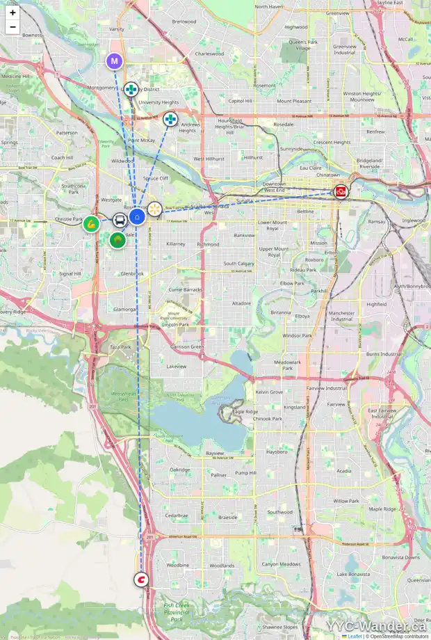 Daily accessibility map for 1607 41 ST SW, Calgary showing nearby schools, grocery stores, parks, LRT stations and nearby amenities