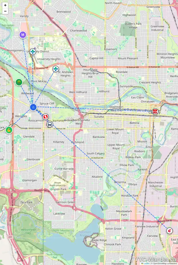 Daily accessibility map for 4308 WORCESTER DR SW, Calgary showing nearby schools, grocery stores, parks, LRT stations and nearby amenities