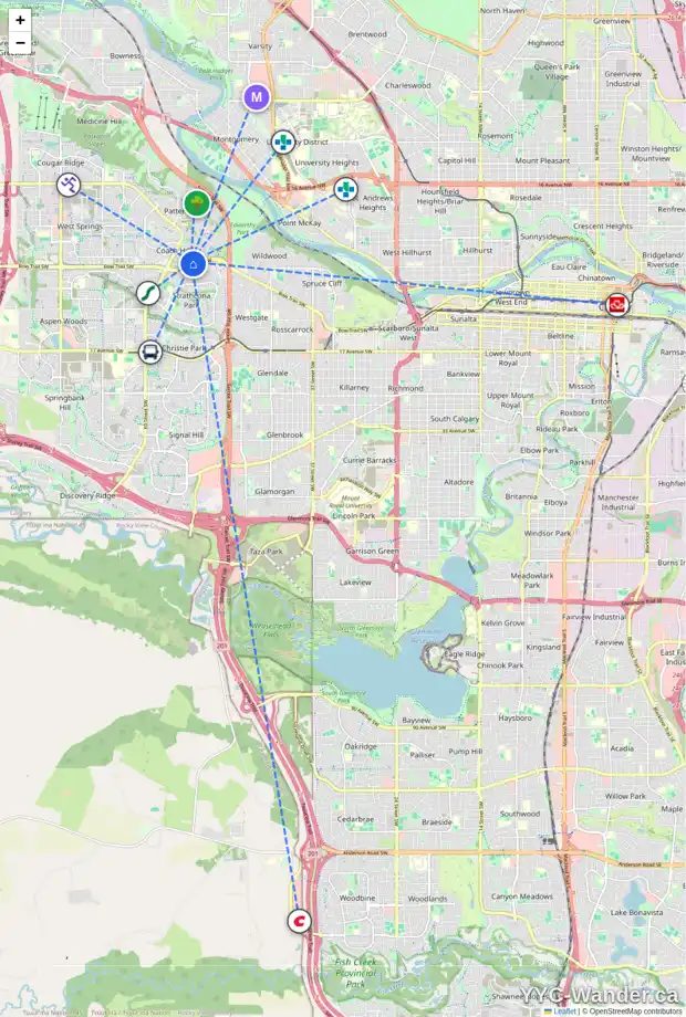 Daily accessibility map for 572 COACH GROVE RD SW, Calgary showing nearby schools, grocery stores, parks, LRT stations and nearby amenities