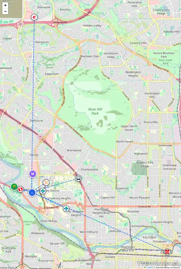 Daily accessibility map for 4636 20 AV NW, Calgary showing nearby schools, grocery stores, parks, LRT stations and nearby amenities