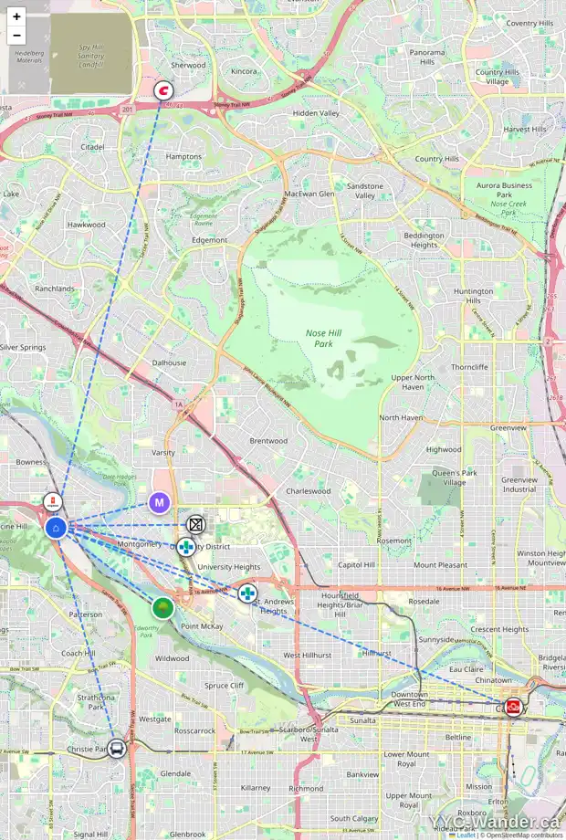 Daily accessibility map for 3028 69 ST NW, Calgary showing nearby schools, grocery stores, parks, LRT stations and nearby amenities