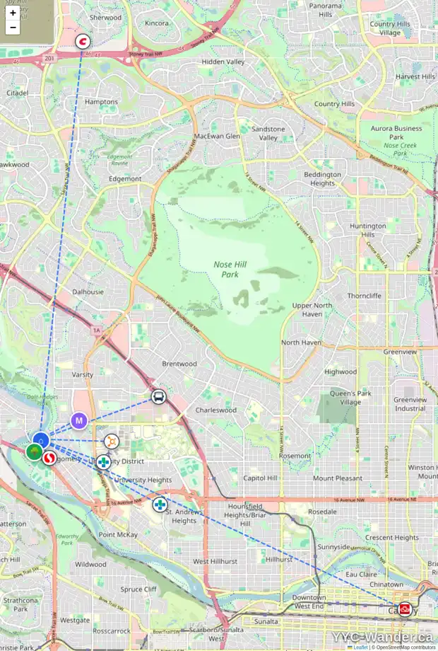Daily accessibility map for 100 BOW LD NW, Calgary showing nearby schools, grocery stores, parks, LRT stations and nearby amenities