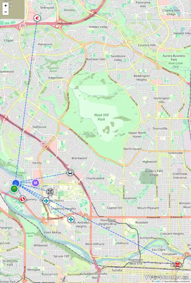 Daily accessibility map for 6007 33 AV NW, Calgary showing nearby schools, grocery stores, parks, LRT stations and nearby amenities