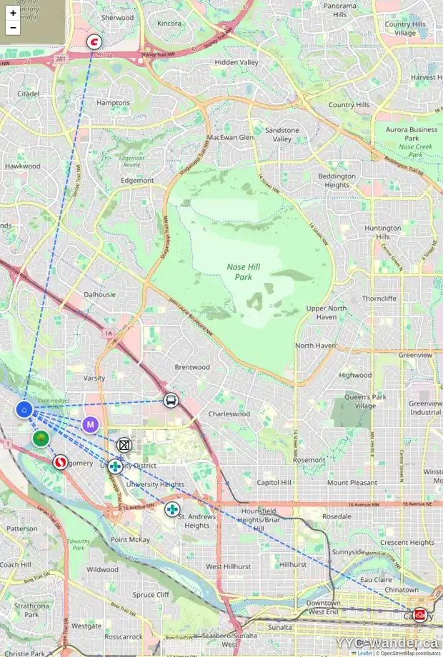Daily accessibility map for 3930 62 ST NW, Calgary showing nearby schools, grocery stores, parks, LRT stations and nearby amenities