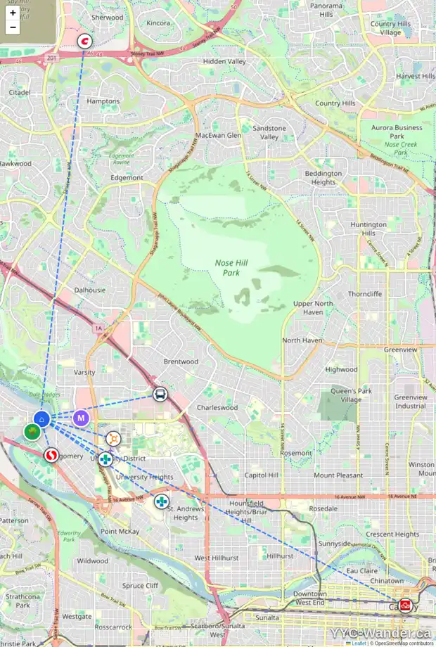 Daily accessibility map for 5903 BOW CR NW, Calgary showing nearby schools, grocery stores, parks, LRT stations and nearby amenities