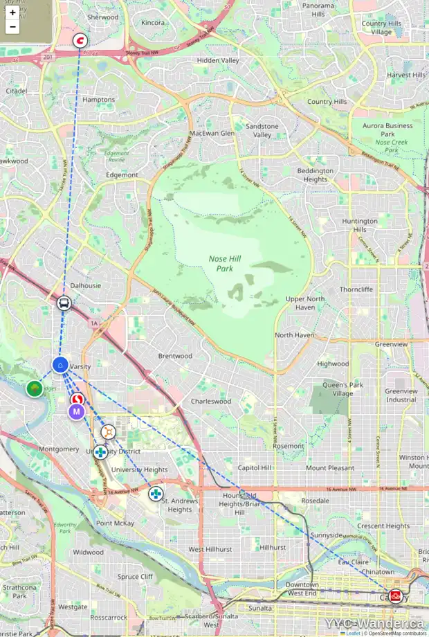 Daily accessibility map for 4431 52 ST NW, Calgary showing nearby schools, grocery stores, parks, LRT stations and nearby amenities