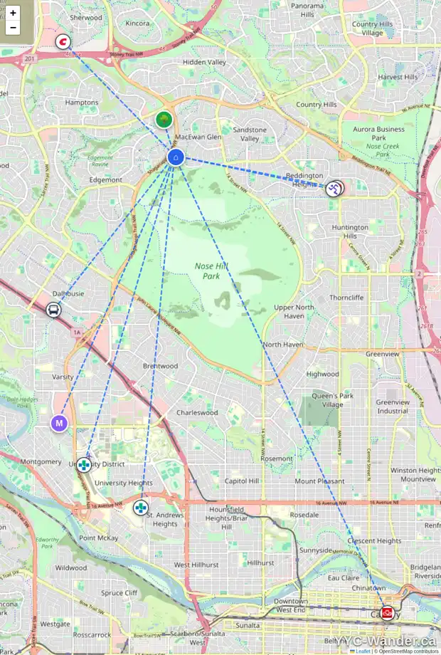Daily accessibility map for 265 MACEWAN PARK VW NW, Calgary showing nearby schools, grocery stores, parks, LRT stations and nearby amenities