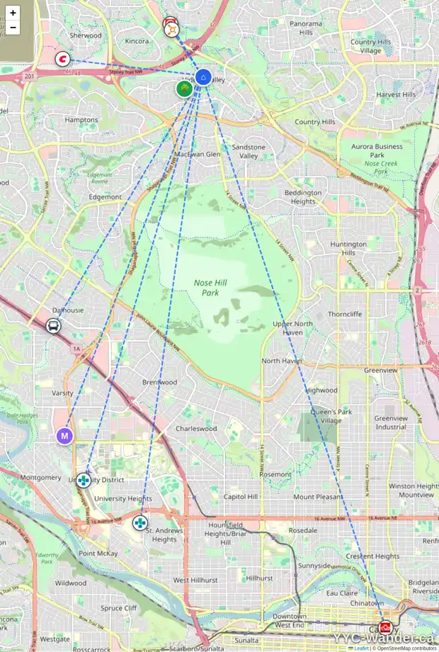 Daily accessibility map for 10892 HIDDEN VALLEY DR NW, Calgary showing nearby schools, grocery stores, parks, LRT stations and nearby amenities