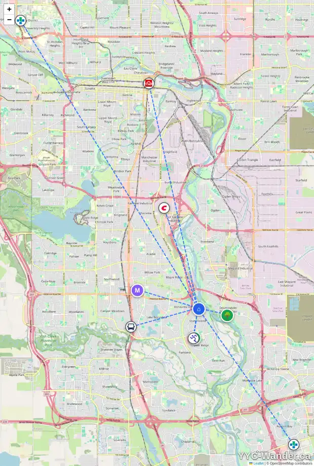 Daily accessibility map for 416 QUEENSLAND CI SE, Calgary showing nearby schools, grocery stores, parks, LRT stations and nearby amenities