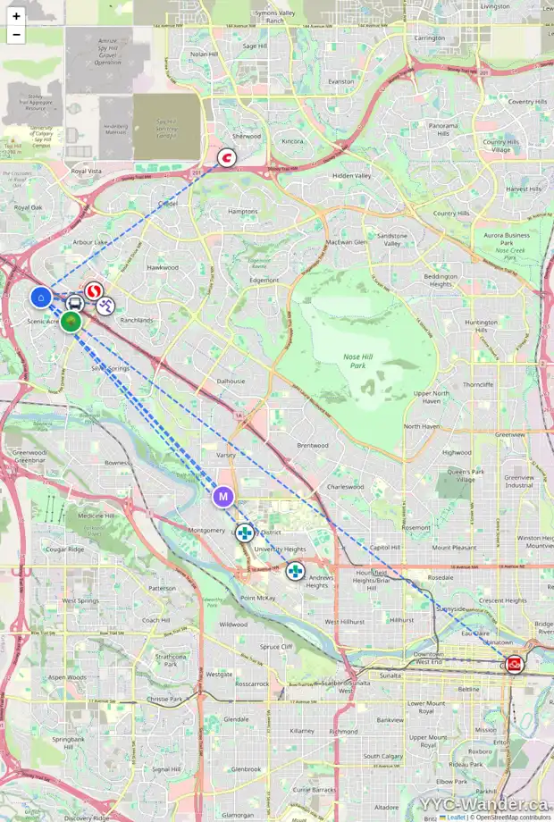 Daily accessibility map for 11 SCENIC VIEW CL NW, Calgary showing nearby schools, grocery stores, parks, LRT stations and nearby amenities