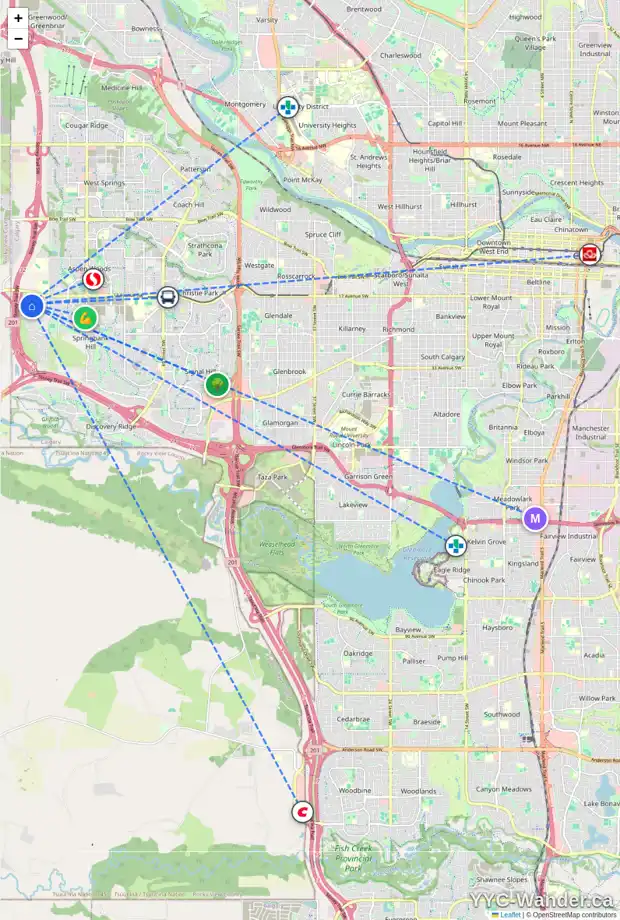 Daily accessibility map for 27 ANATAPI LN SW, Calgary showing nearby schools, grocery stores, parks, LRT stations and nearby amenities