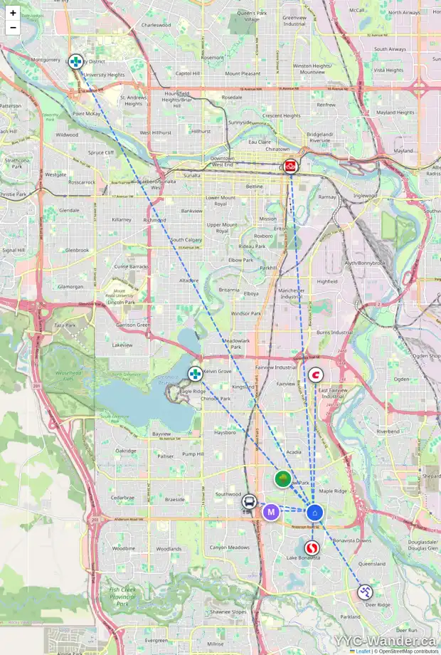 Daily accessibility map for 739 WILLAMETTE DR SE, Calgary showing nearby schools, grocery stores, parks, LRT stations and nearby amenities