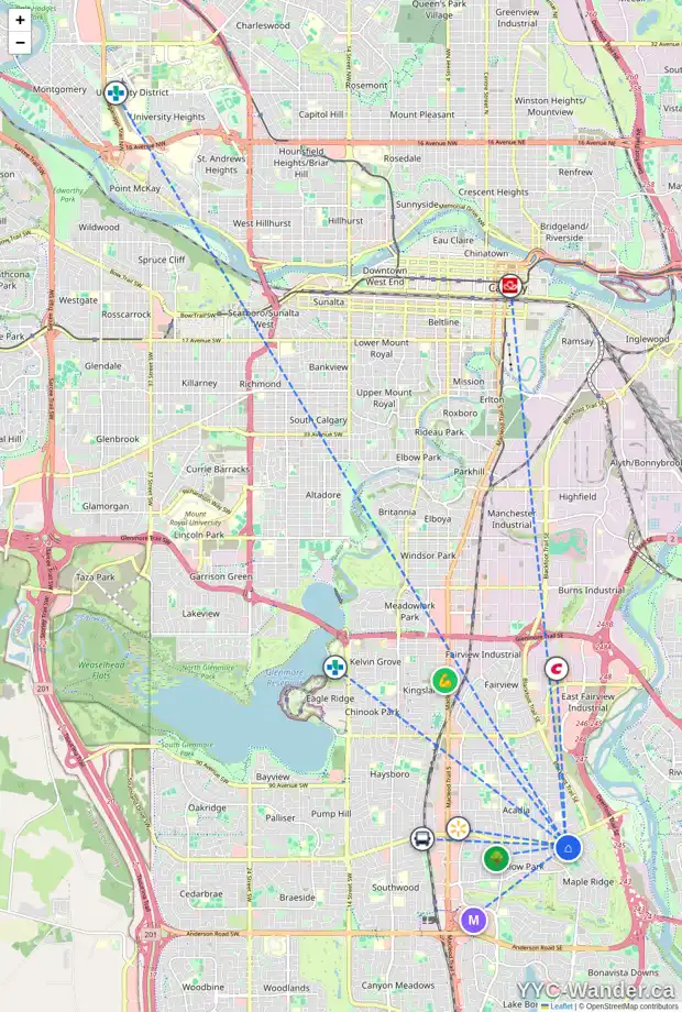 Daily accessibility map for 812 MAPLEWOOD CR SE, Calgary showing nearby schools, grocery stores, parks, LRT stations and nearby amenities