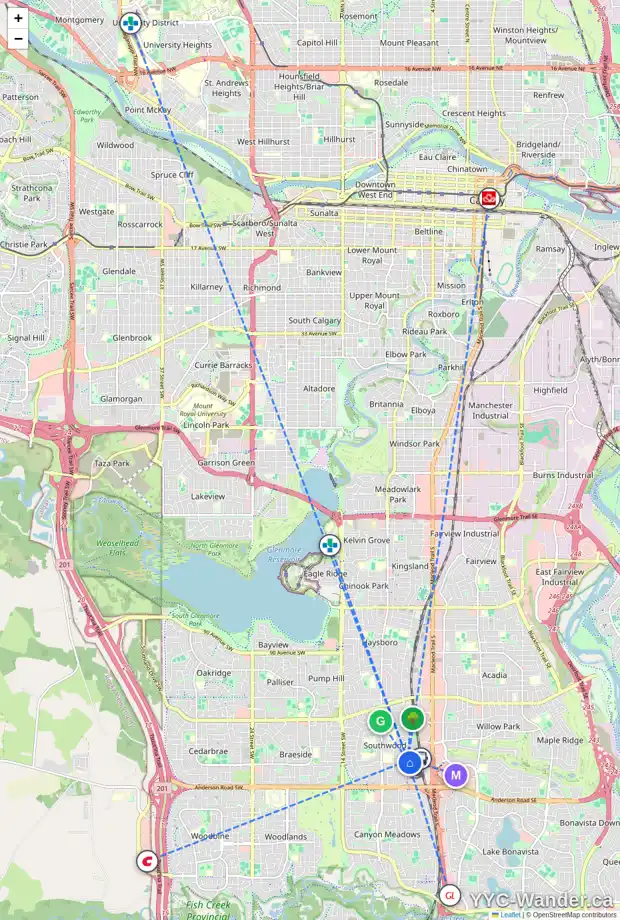 Daily accessibility map for 11011 5 ST SW, Calgary showing nearby schools, grocery stores, parks, LRT stations and nearby amenities