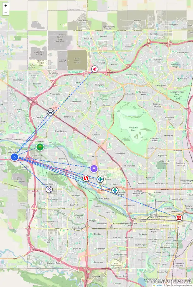 Daily accessibility map for 184 VALLEY RIDGE HT NW, Calgary showing nearby schools, grocery stores, parks, LRT stations and nearby amenities