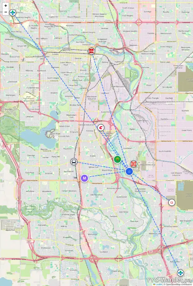 Daily accessibility map for 90 DOUGLAS GLEN CI SE, Calgary showing nearby schools, grocery stores, parks, LRT stations and nearby amenities