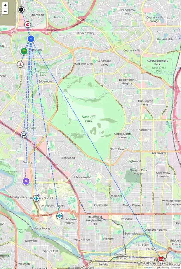 Daily accessibility map for 23 HAMPTONS CL NW, Calgary showing nearby schools, grocery stores, parks, LRT stations and nearby amenities