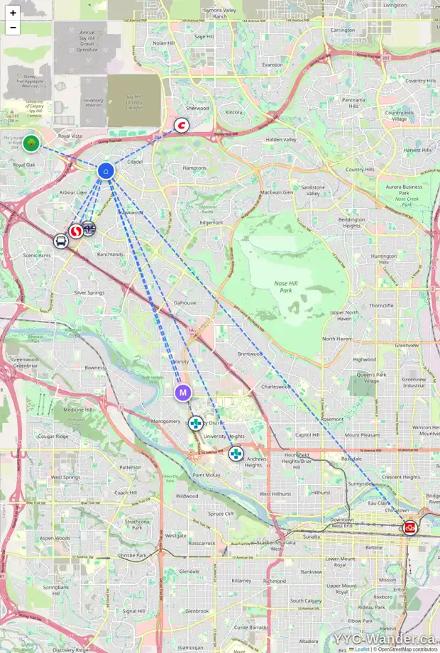Daily accessibility map for 72 ARBOUR RIDGE CL NW, Calgary showing nearby schools, grocery stores, parks, LRT stations and nearby amenities