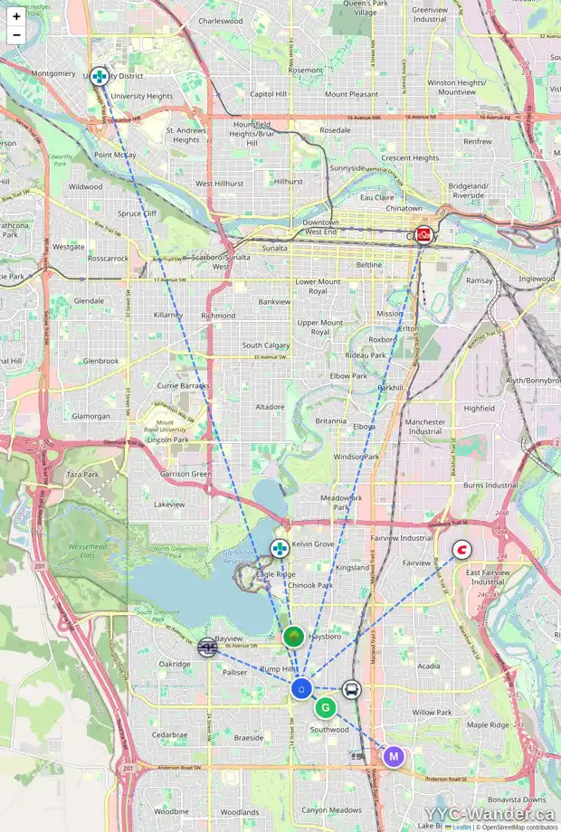 Daily accessibility map for 186 SPRINGWOOD DR SW, Calgary showing nearby schools, grocery stores, parks, LRT stations and nearby amenities