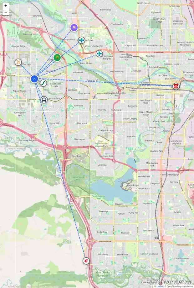 Daily accessibility map for 37 STRATHRIDGE GV SW, Calgary showing nearby schools, grocery stores, parks, LRT stations and nearby amenities