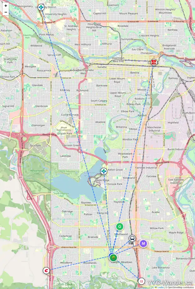 Daily accessibility map for 1332 116 AV SW, Calgary showing nearby schools, grocery stores, parks, LRT stations and nearby amenities