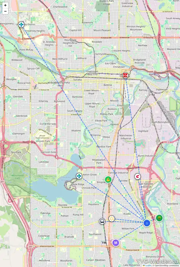 Daily accessibility map for 128 MAPLE COURT CR SE, Calgary showing nearby schools, grocery stores, parks, LRT stations and nearby amenities