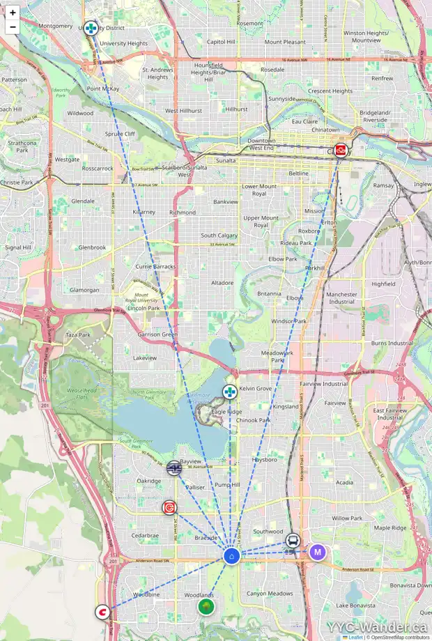 Daily accessibility map for 116 BRANIFF PL SW, Calgary showing nearby schools, grocery stores, parks, LRT stations and nearby amenities