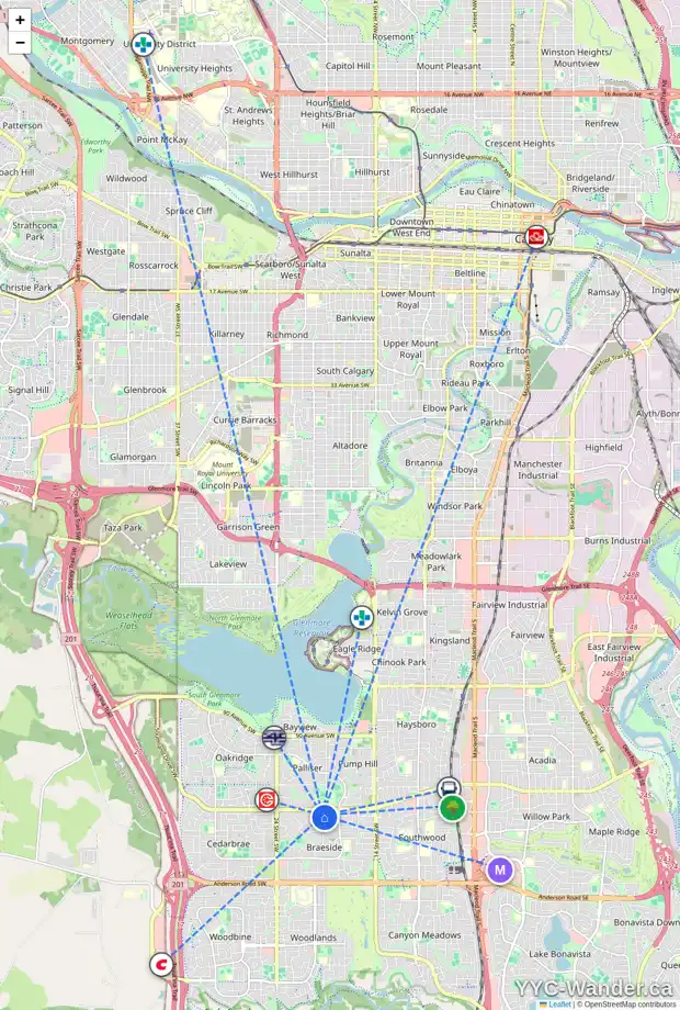 Daily accessibility map for 39 10401 19 ST SW, Calgary showing nearby schools, grocery stores, parks, LRT stations and nearby amenities